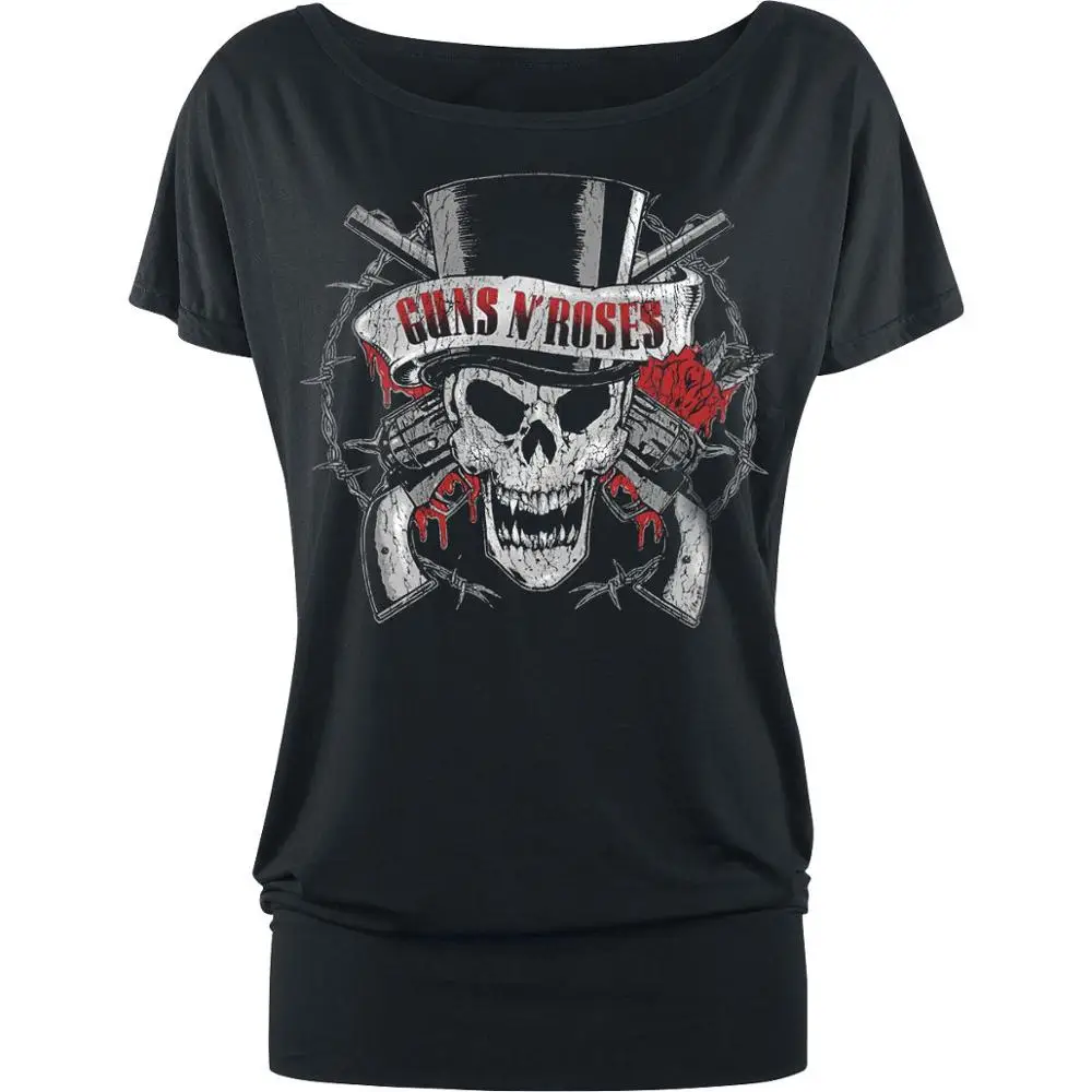 Vintage Style Guns N' Roses Top Hat Skull Skew Collar Loose T Shirt ...