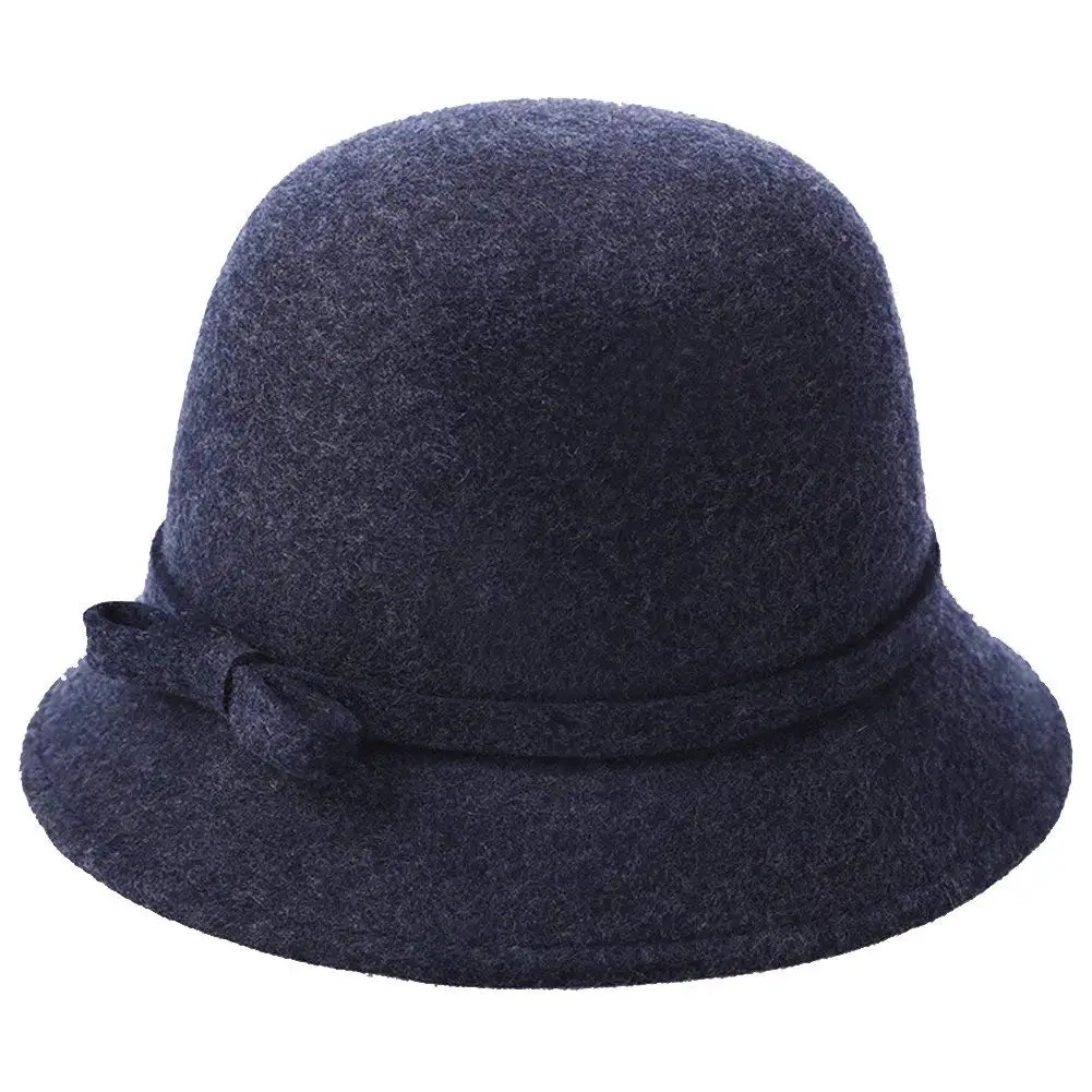 Ladies Classic Wool Felt Round Top Fedora Cloche Bucket Top Hat Cap Bowknot Band