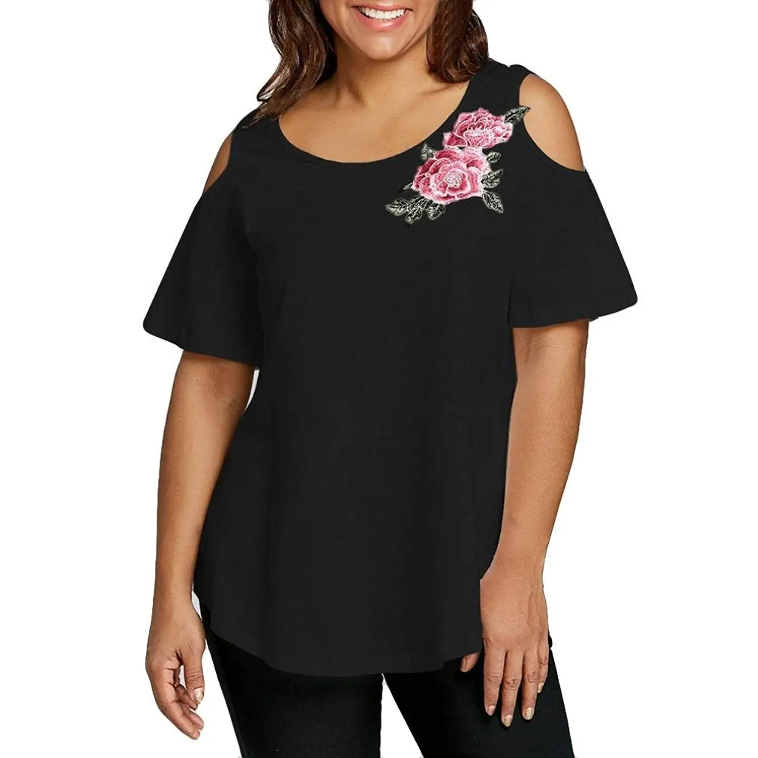 Hemlock Women Floral Printed Tops Cold Shoulder Camis Short Sleeve Blouses Flowers Oversized Tops Summer T Shirt
