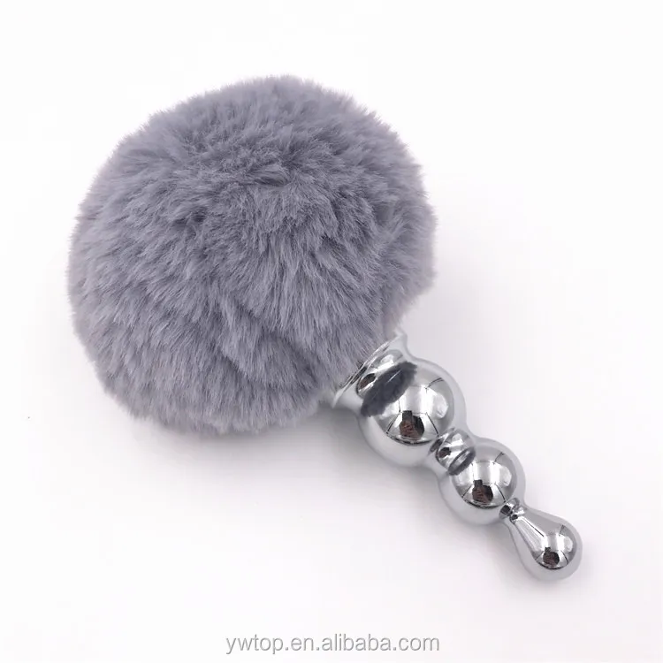 Grey Color S M L Anal Plug Plush Ball Rabbit Tail Stainless Steel Butt