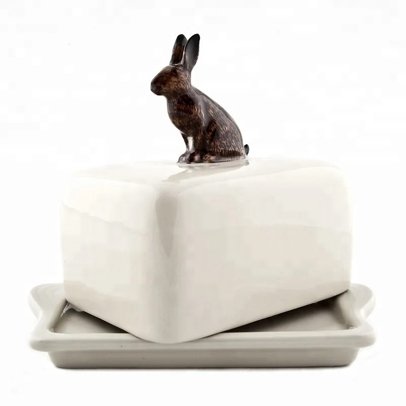 White Ceramic Brown Bunny Butter Dish With Lid Buy Butter Dish