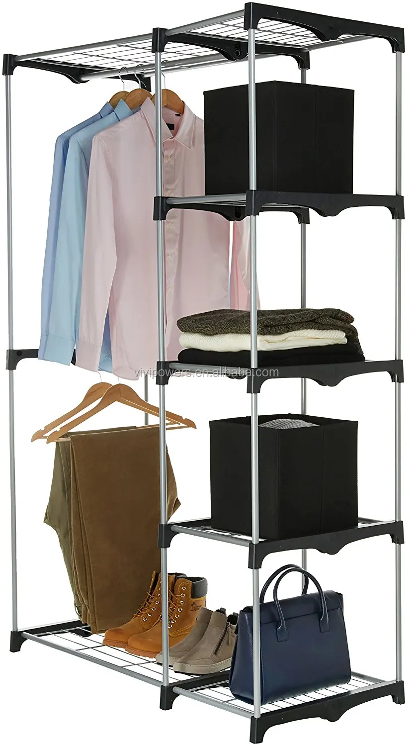 Metal Frame Portable Closet Wardrobe With Hanging Bar Spacesaving