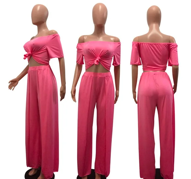 2019 Summer Women Off Shoulder Crop Top Wide Leg Pants Fashion Romper Jumpsuit Two Piece Set