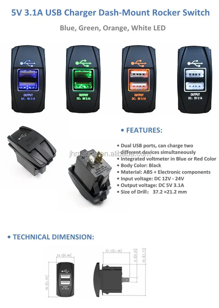 Dual Backlit 5v 3.1a Usb Charger Dashmount Rocker Switch For Car Boat