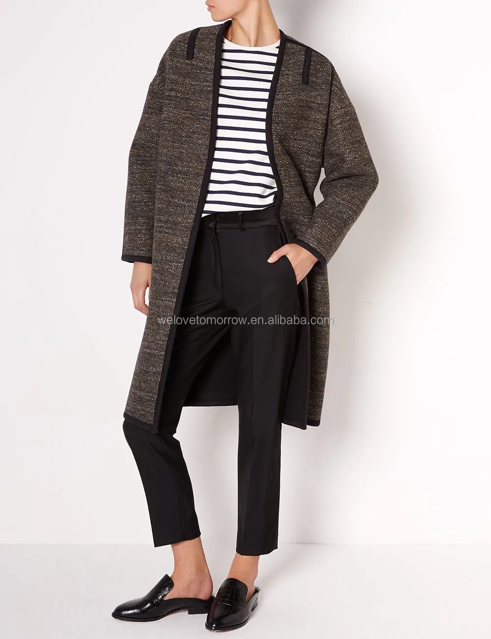 wholesale women long sleeve brown tweed coat for girls and
