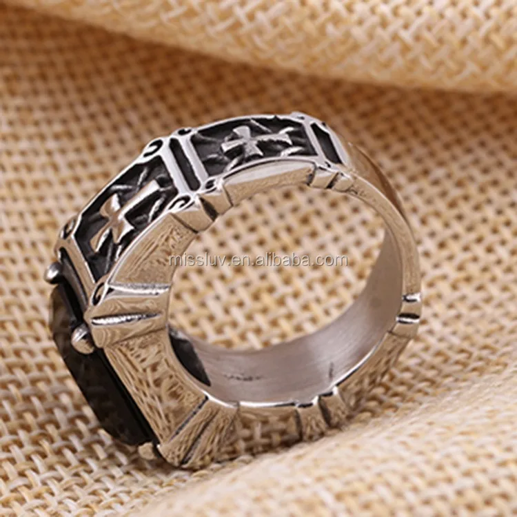 Men's Antique Vintage Art Gothic Style Stainless Steel Red Cross Ring M111 