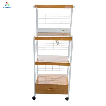 Rolling Kitchen Storage Shelf Wooden Metal Microwave Oven Stand