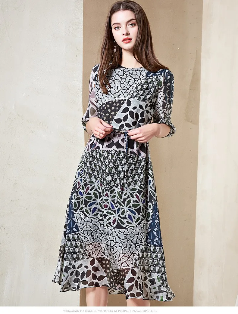 Women Summer 100% Silk Half Sleeve Print Casual Dress - Buy Casual ...