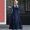Navy Blue Long Sleeves Arabic Muslim Evening Dresses Applique Chiffon Abaya Moroccan Kaftan Vestido Prom Gowns
