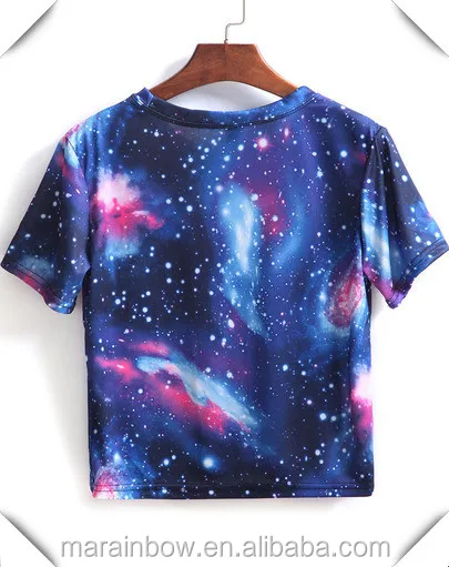 Blue Short Sleeve Galaxy Print Crop T-shirt All Over Sublimated T Shirt  Cheap Wholesale Womens Cropped Tee - Buy Galaxy Print Crop T-shirt,All Over  Sublimated T Shirt,Womens Cropped Tee Product on 