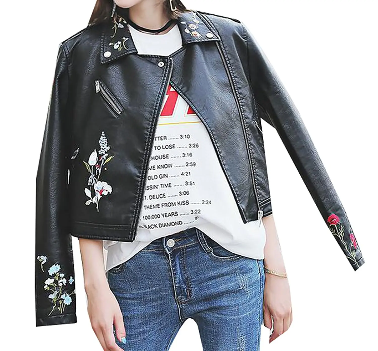 Fensajomon Mens Stylish Loose Printing Zip Up Faux Pu Lapel Motorcycle Jacket Coat