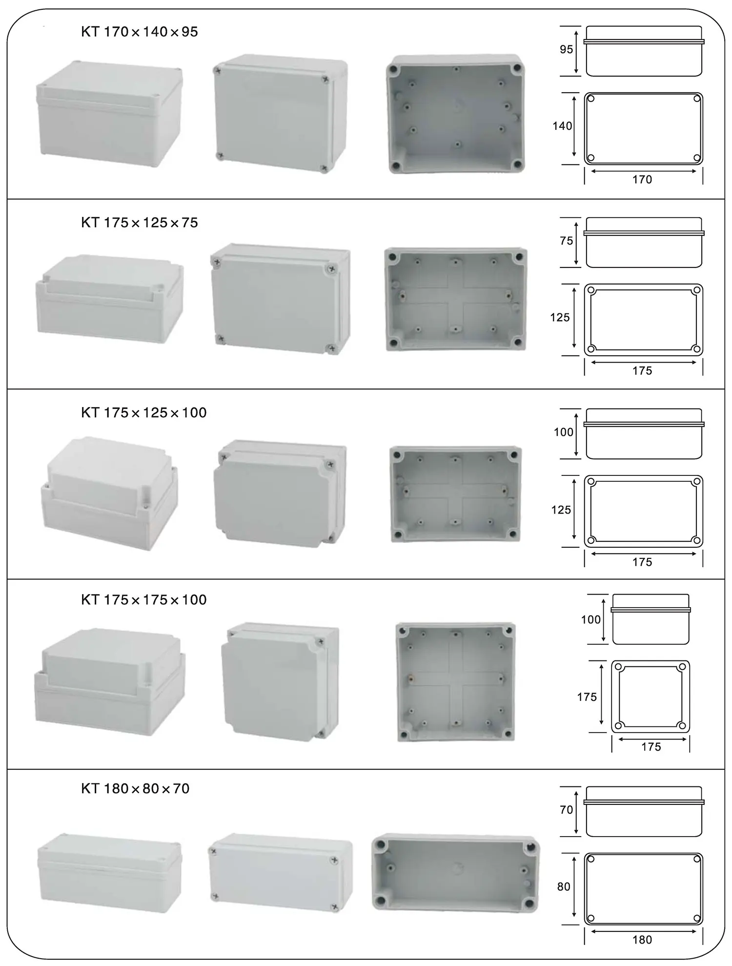 IP67 Waterproof 100x100x75mm 125x125x100mm 175x175x100mm 200x200x130mm ABS or Polycarbonate screw type Electrical Junction Box