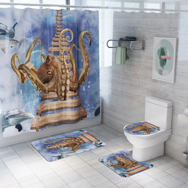 Waterproof Polyester octopus printed Luxury  bathroom rug mat sets  3 pcs Bath Mat Set  1pc Printed Shower Curtain