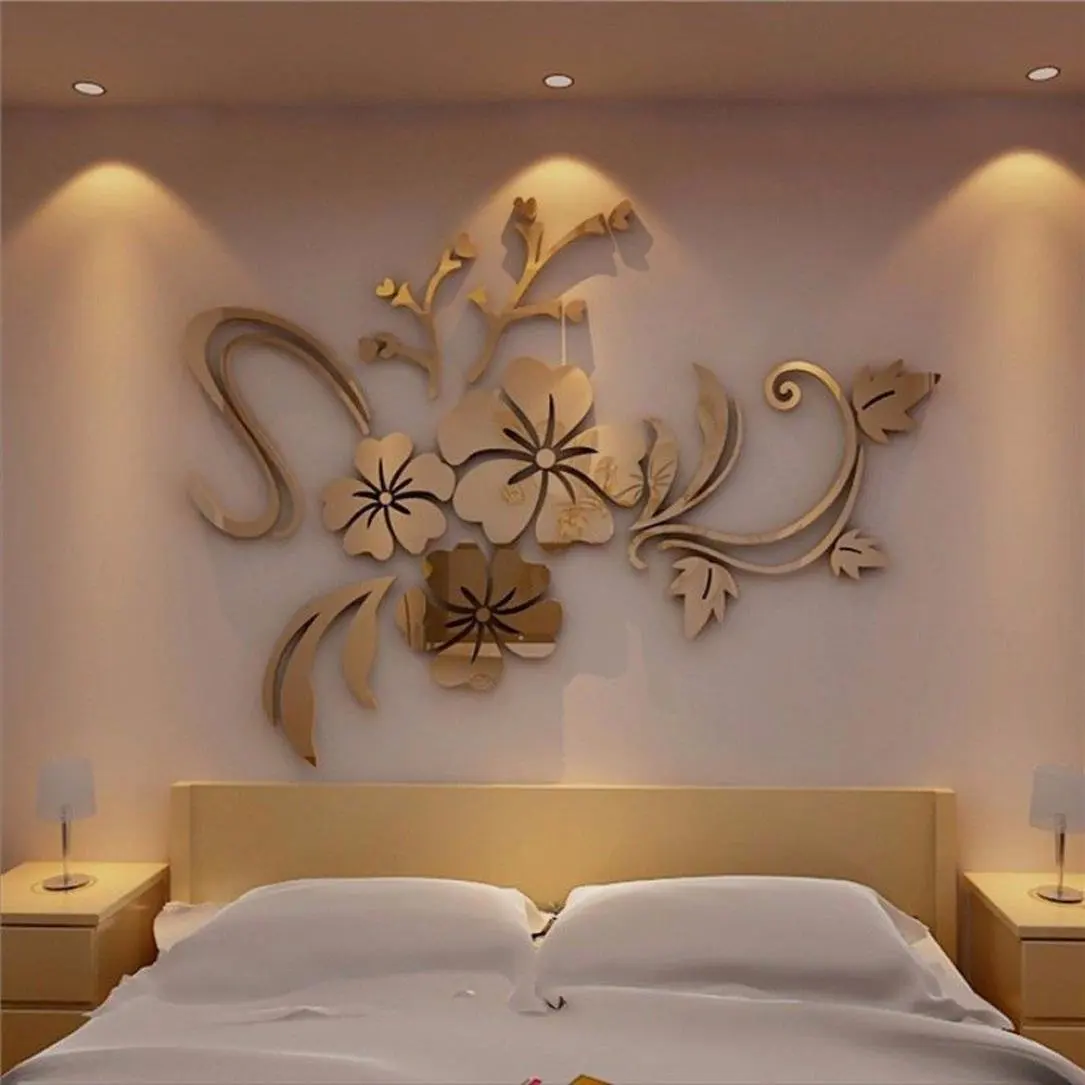 Rumas 3D Mirror Floral Art Removable Wall Sticker Acrylic Mural Decal Home Room Decor (Gold)