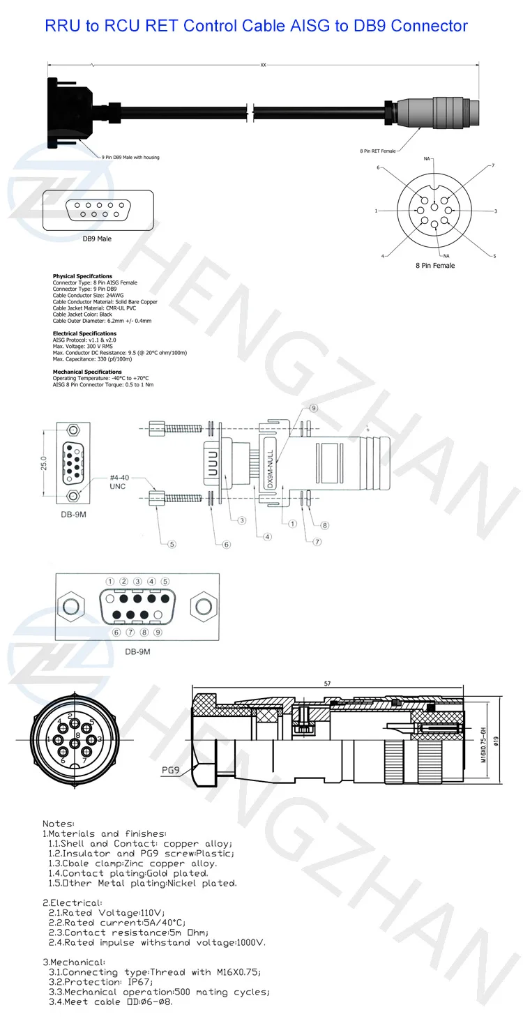 Rru To Rcu Ret Control Cable Aisg To Db9 Connector - Buy Aisg To Db9 ...