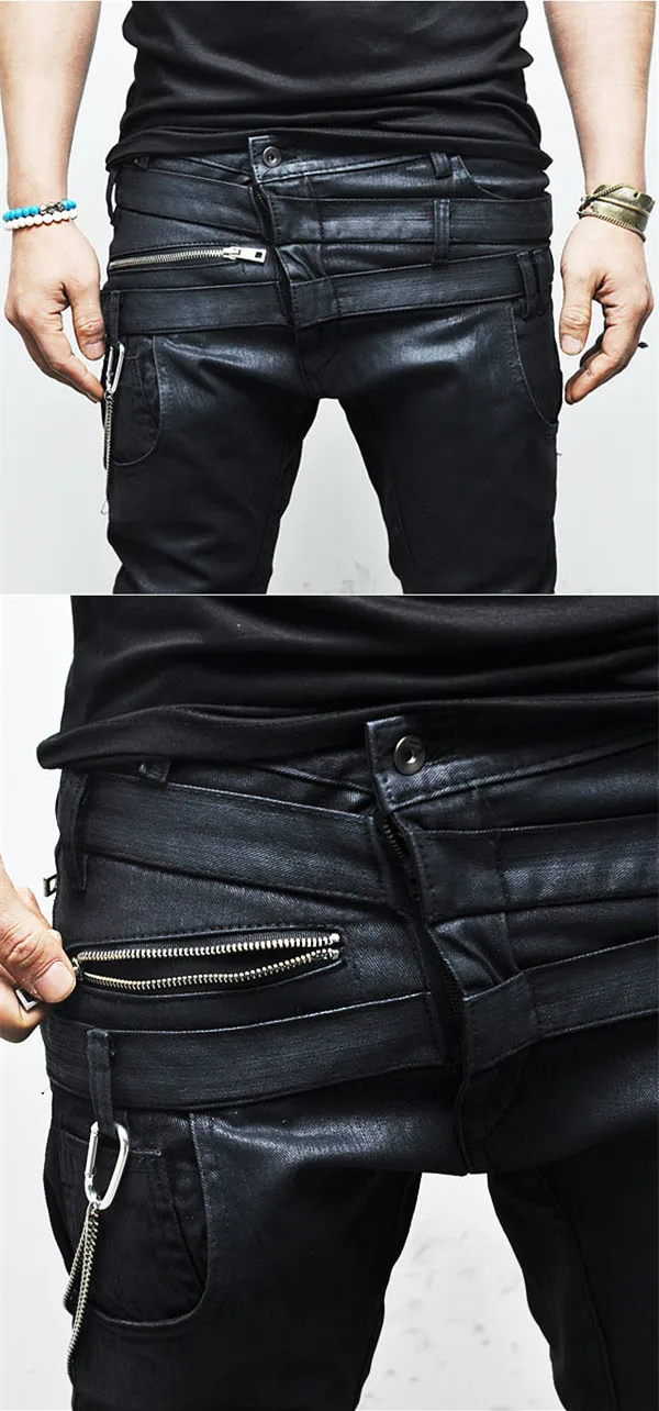 Double Belt Crotch Wax Coated Mens Black Skinny Denim Biker Jeans - Buy