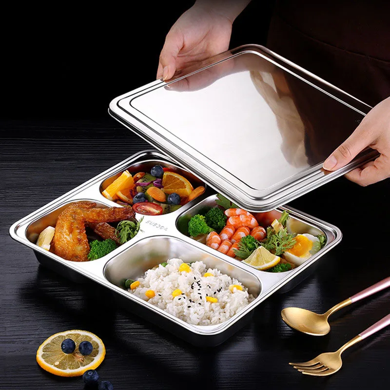 New Stainless Steel Divided Tray With Lid Dinner Snack Plate Kids Baby