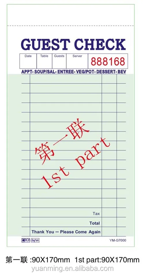 Hotel Restaurant Carbonless Guest Checks Menu Book Duplicate Order Pad