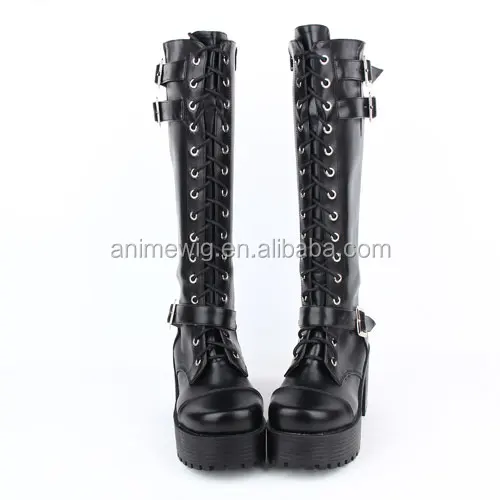 Fashion black long belt buckle leather Punk knee Boots unisex