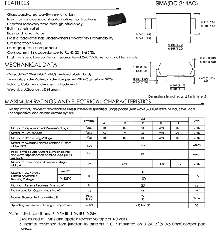 Es1a,Es1b,Es1d,Es1g,Es1j Surface Mount Super Fast Rectifier Diode With ...