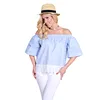 2018 Wholesale Summer Holiday Australian Wear Design Half Sleeve Shirt Lace Patchwork Off Shoulder Top Blue Blouse Women
