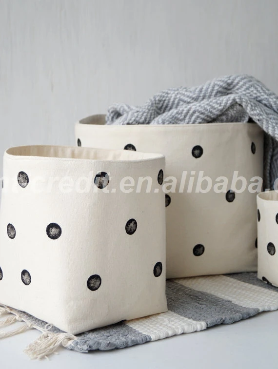 Set Of 3 Cotton Canvas Storage Baskets Black Polka Dot Nursery