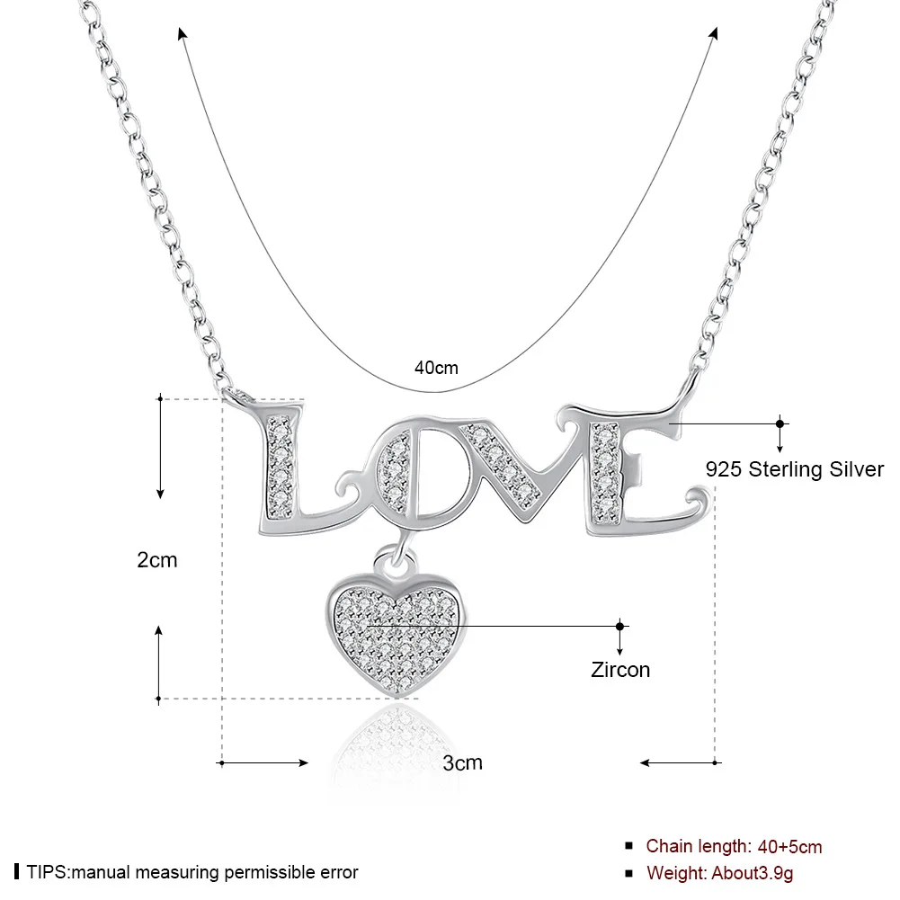 Heart shape white gold silver pendant necklace
