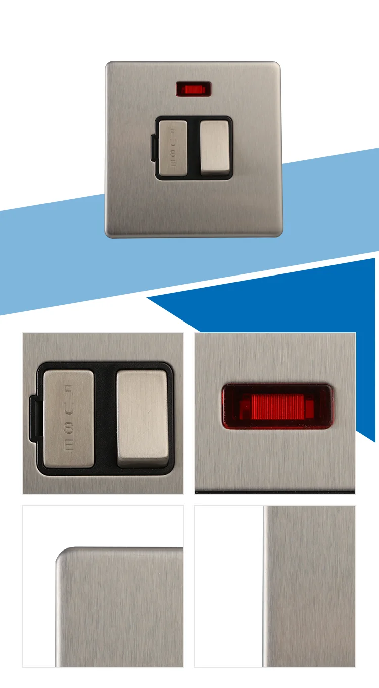 Hailar brushed chrome screwless plate 13A switched FUSE with flex outlet neon light indicator