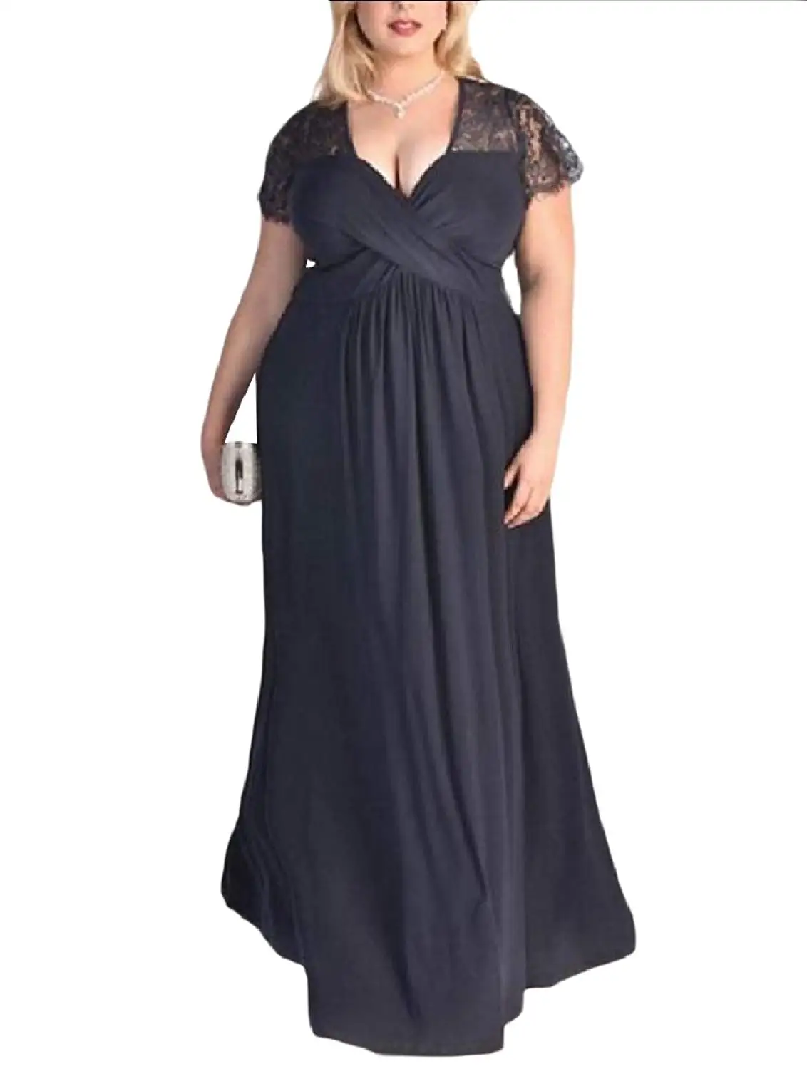Zimaes-Women Sexy V-Neck Lace Plus-Size Swing Banquet Long Dress