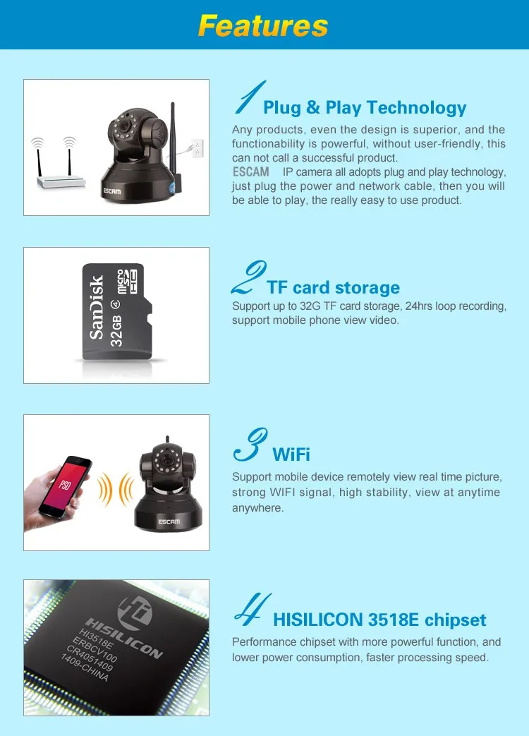 ESCAM QF100 Pearl 720P Mega Pixel P2P WIFI IR PT Network Camera