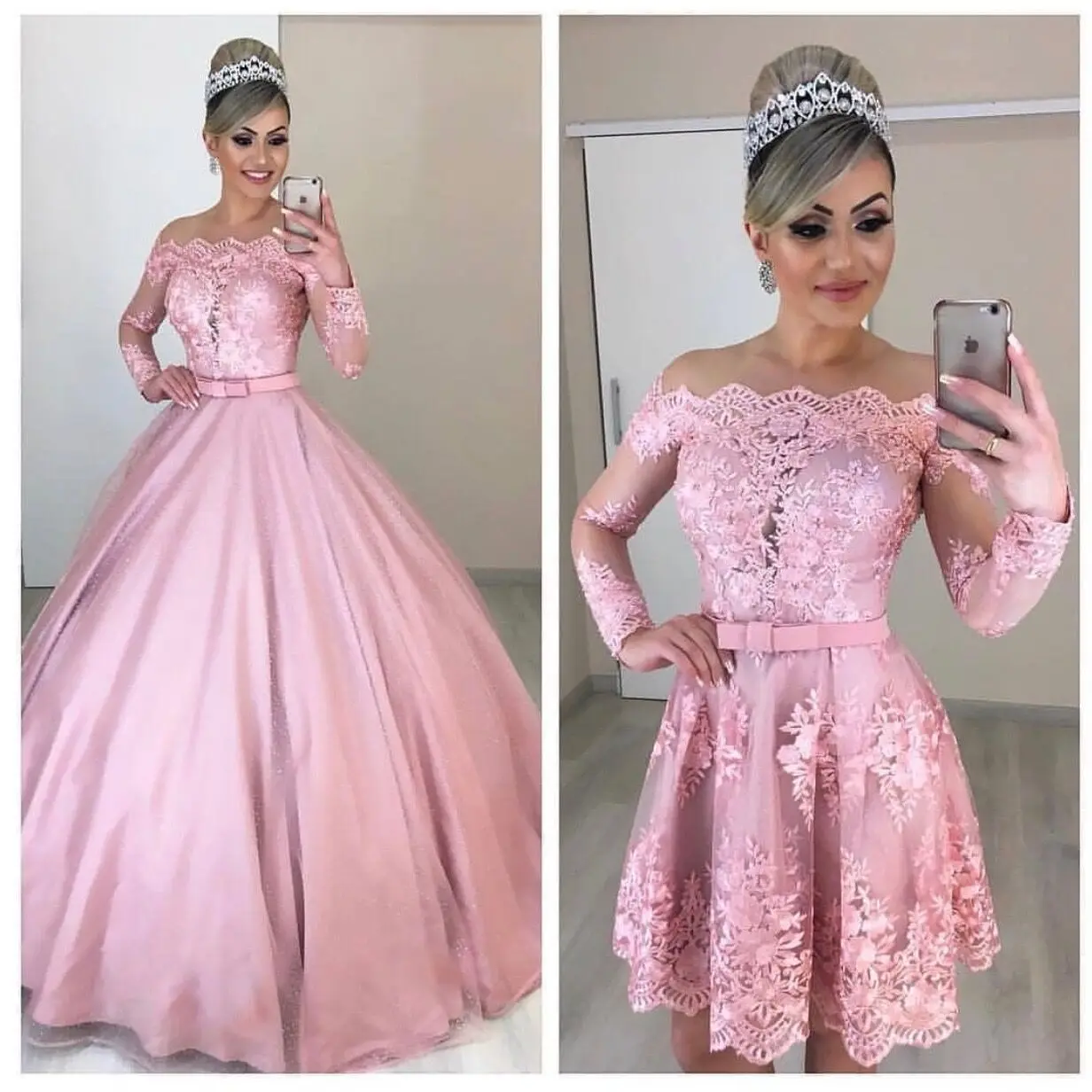 Vintage Two In One Detachable Overskirt Prom Party Dresses Long Sleeve ...