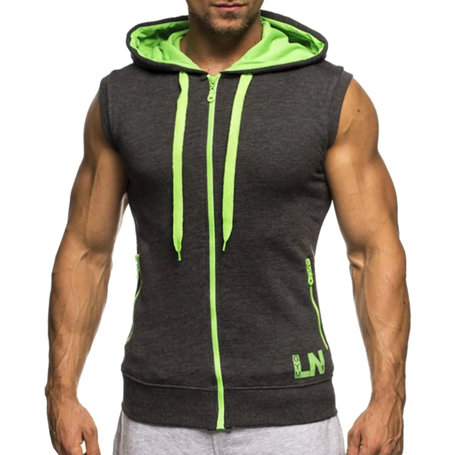 Buy Ouber Mens Letter Printed Sleeveless Athletic Zipper Hoodie Gym ...