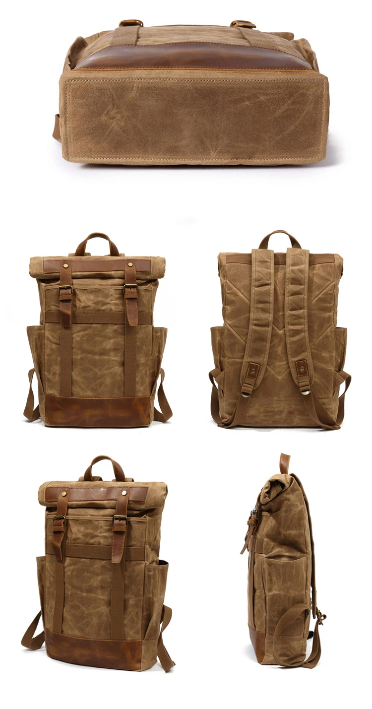 Waterproof hiking waxed canvas leather designer outdoor leisure back pack backpack rucksack bag for teenager