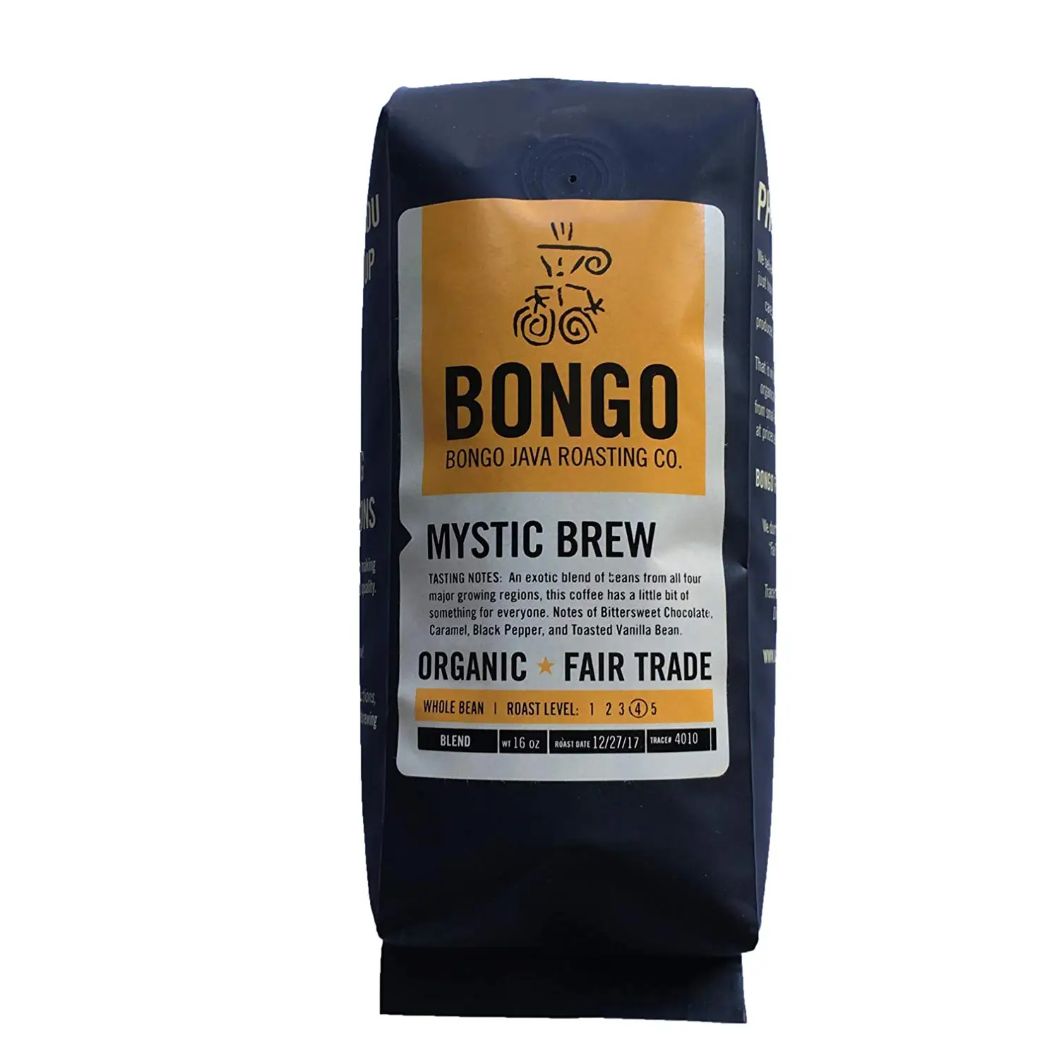 Bongo Java Roasting Co. Mystic Brew Blend, Organic Fair Trade Whole Bean Coffee, Dark Roast, 16 oz. bag