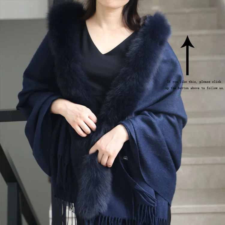 
Lady Plain Fox Fur Trim Tassel Wool Yarn Dyed Woven Long Big Shawl Stole Wrap 