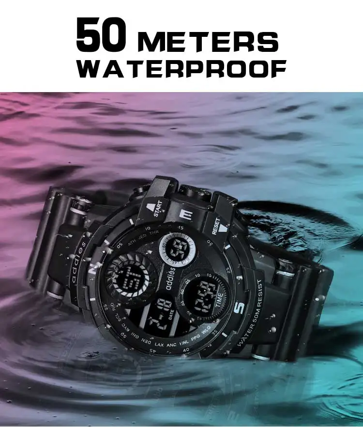Addies 50M Waterproof LED Alarm Backlight Super Cool Watch Men Digital Sports Military Watch