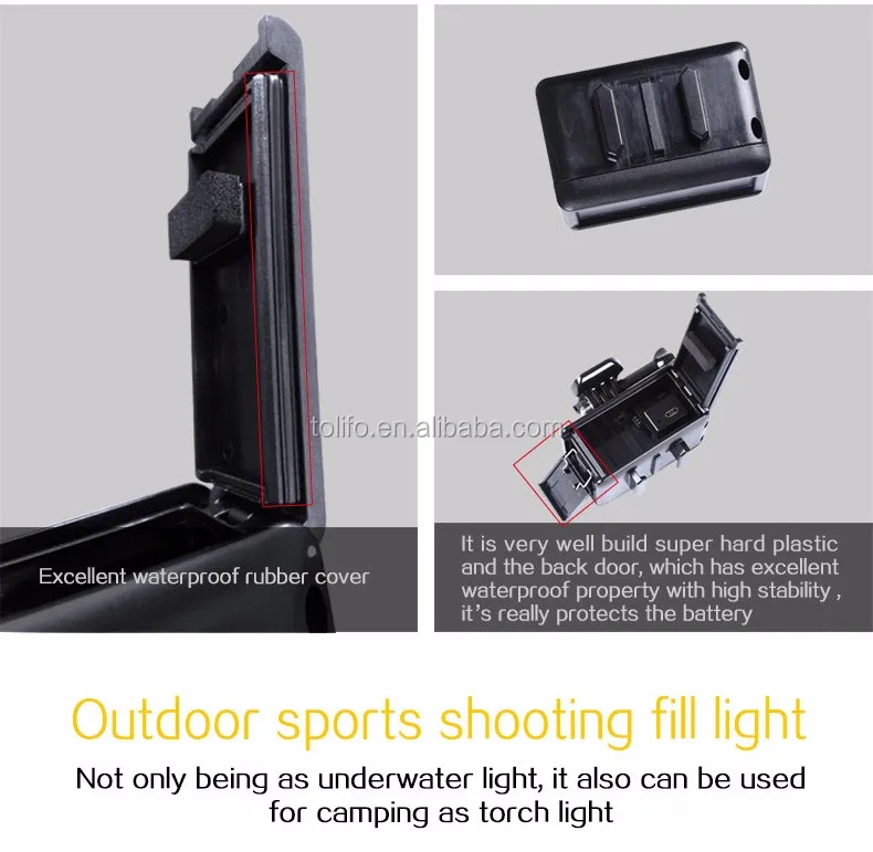 Tolifo 40m waterproof LED underwater light with built in lithium ion battery for Gopro Hero and Xiaomi