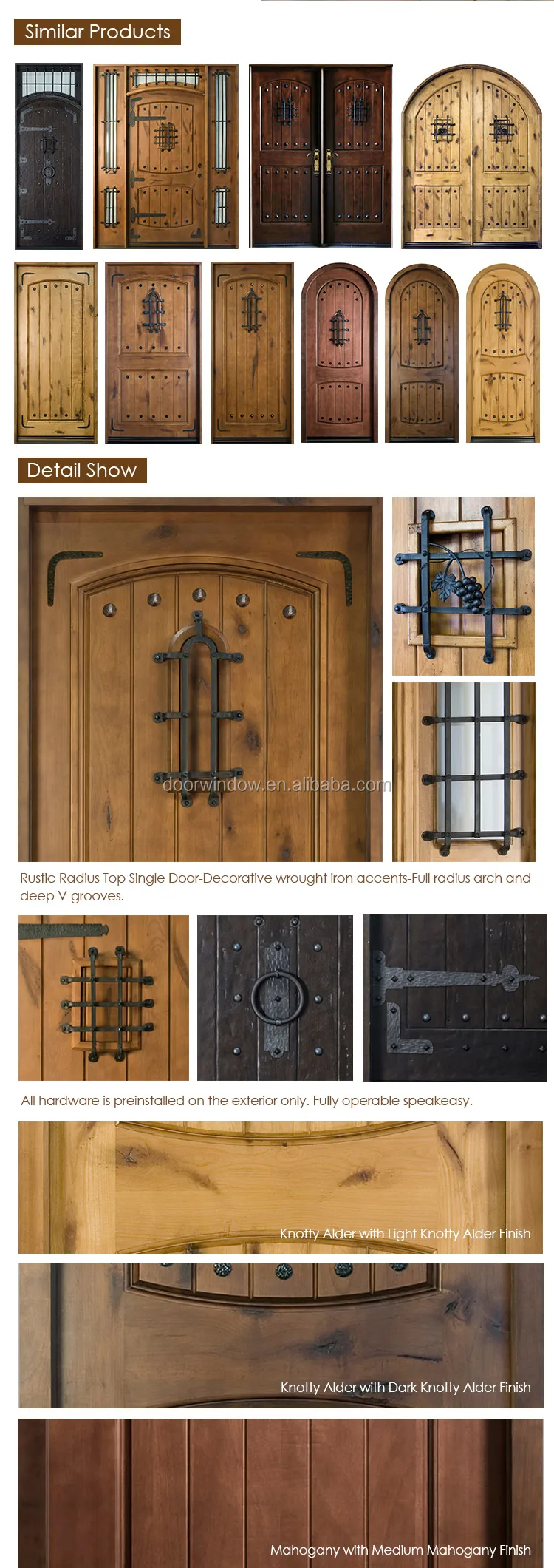 Solid wood frame arched top design knotty alder home doors with OEM/ODM