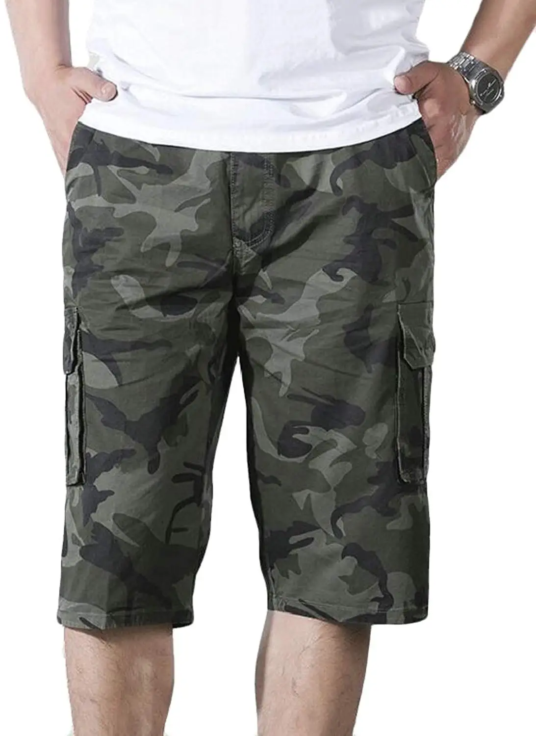 meidexian888 Mens Plus Size Printed Tie Waist Pocket Shorts Casual Beach Pants