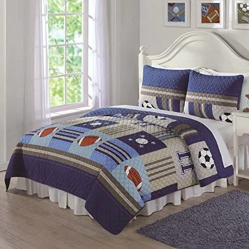3 Piece MVP Kids Sports Themed Quilt Full Queen Set, Khaki Demin All Sports Bedding, Featuring Soccer Football Baseball Prints, Patchwork Sports Pattern, Multi Color Blue