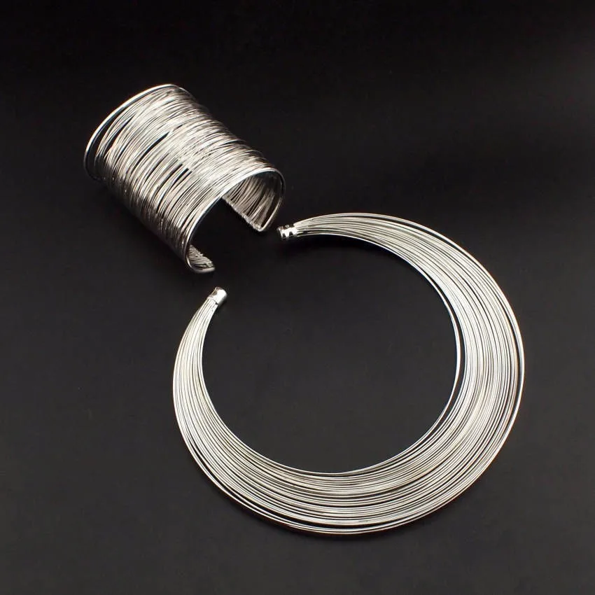 Fashion Multilayer Metal Wire Choker Necklace Bangle Earrings African