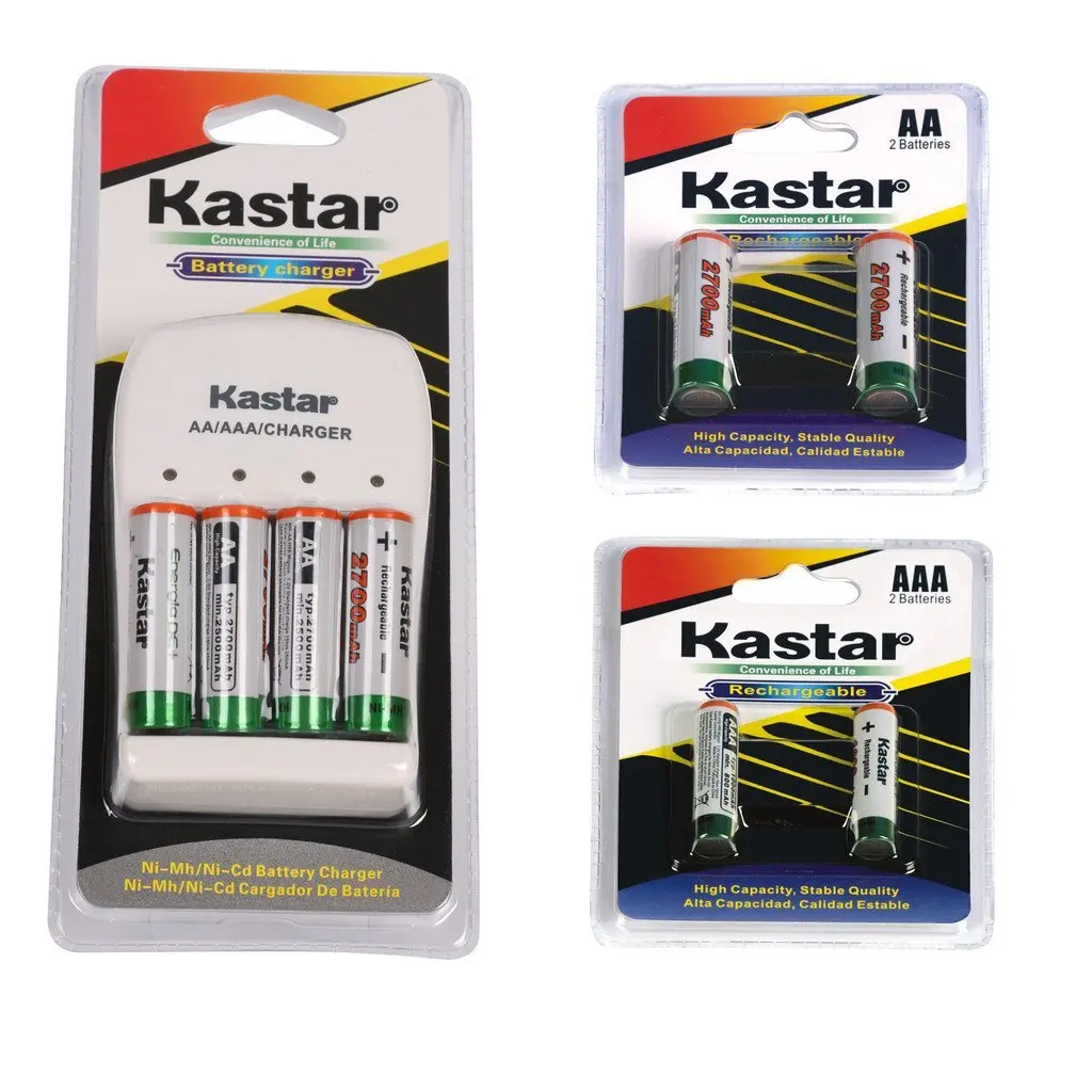 Kastar Rechargeable Ni-MH Battery AA 2700mAh 2PCS(1-PACK) + AAA 1000mAh 2PCS(1-PACK) and AA/AAA Charger Bundle Pack
