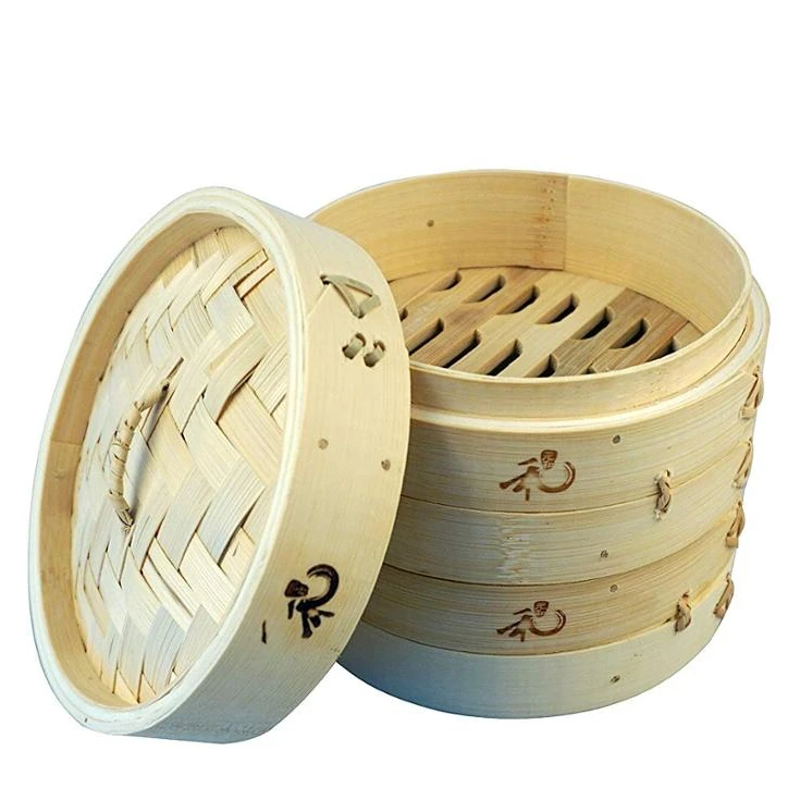 Premium 10 Inch Handmade Bamboo Steamer Two Tier Baskets Dim Sum Dumpling & Bao Bun Chinese