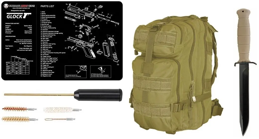 Glock 78 Sand Tan Field Knife 6.5" Length Carbon Steel Blade Polymer Handle Clip Point with Sheath + Ultimate Arms Gear MOLLE Backpack + Glock Mat + Cleaning Kit