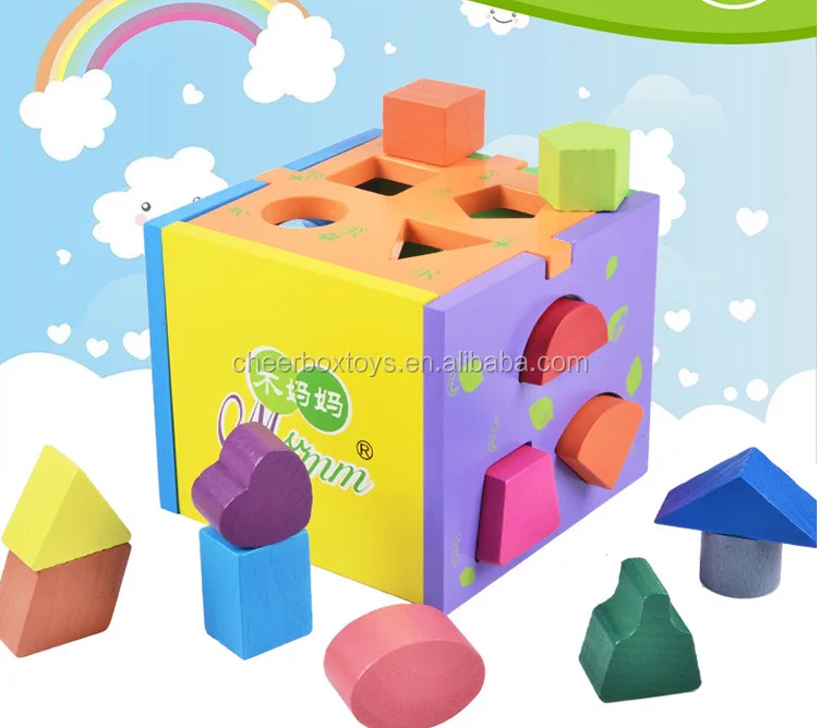 Wooden Geometric Shape Building Blocks Children Intelligence Box Learning Toy W