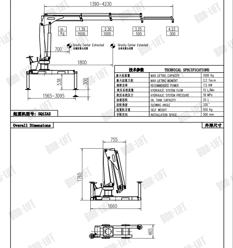 Folding Boom Vehicle/Lorry/Pickup Truck Small 1 Ton Crane 