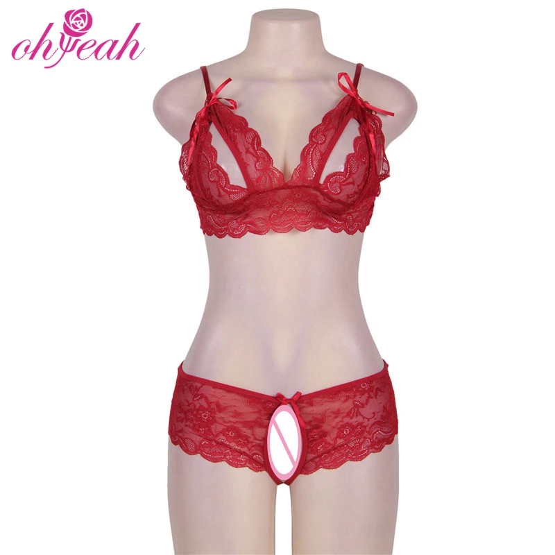 Crotchless Booty Short Red Open Cup Bra Set Sexy Unde