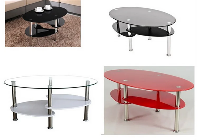 New design stylish high gloss stainless steel legs oval tempered glass coffee table