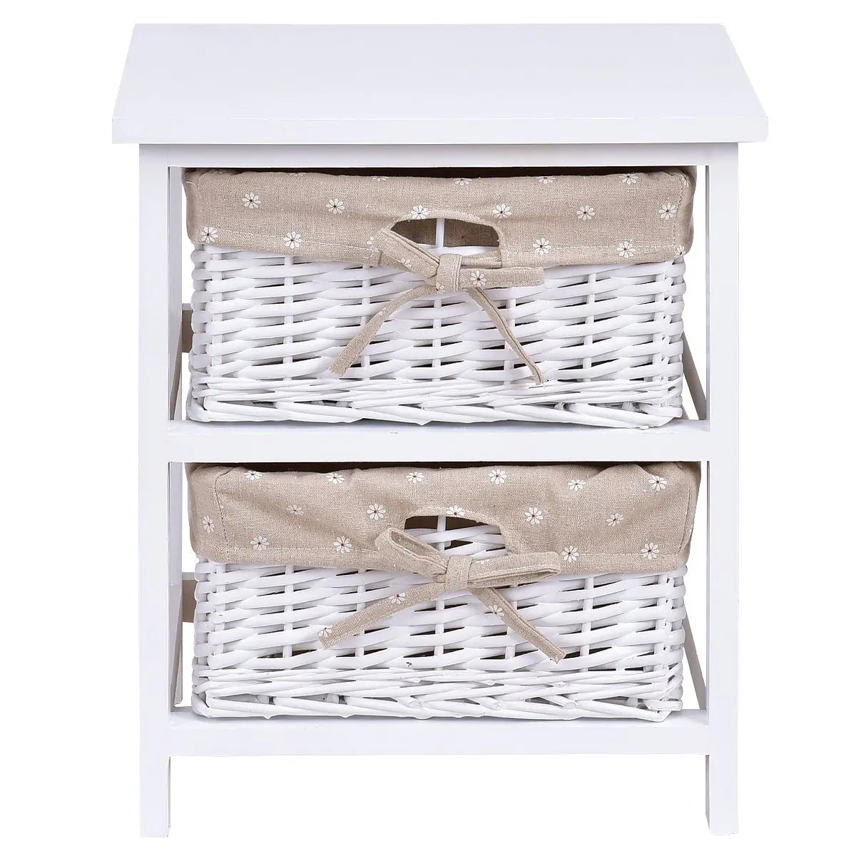 Bedside Table Wooden Wicker Nightstand Storage Unit With Rattan Basket