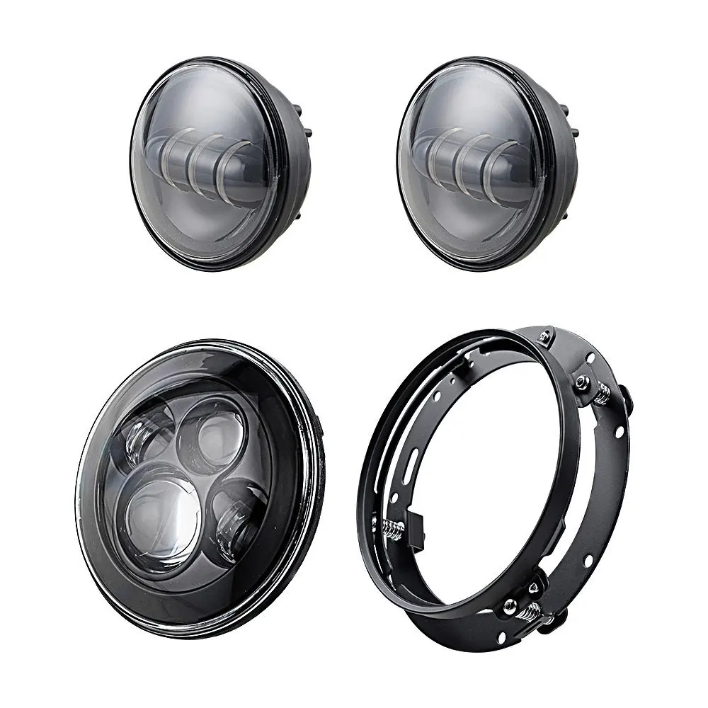 Combo Black 7" Motorcycle H4 CREE LED Headlight + 2X 4 1/2" Motorcycle CREE LED Fog Light w/ Round Bezel Headlight Mounting Ring